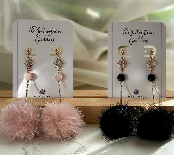 “Fluffin” Rose Quartz or Shungite Pom Pom Dangle Earrings