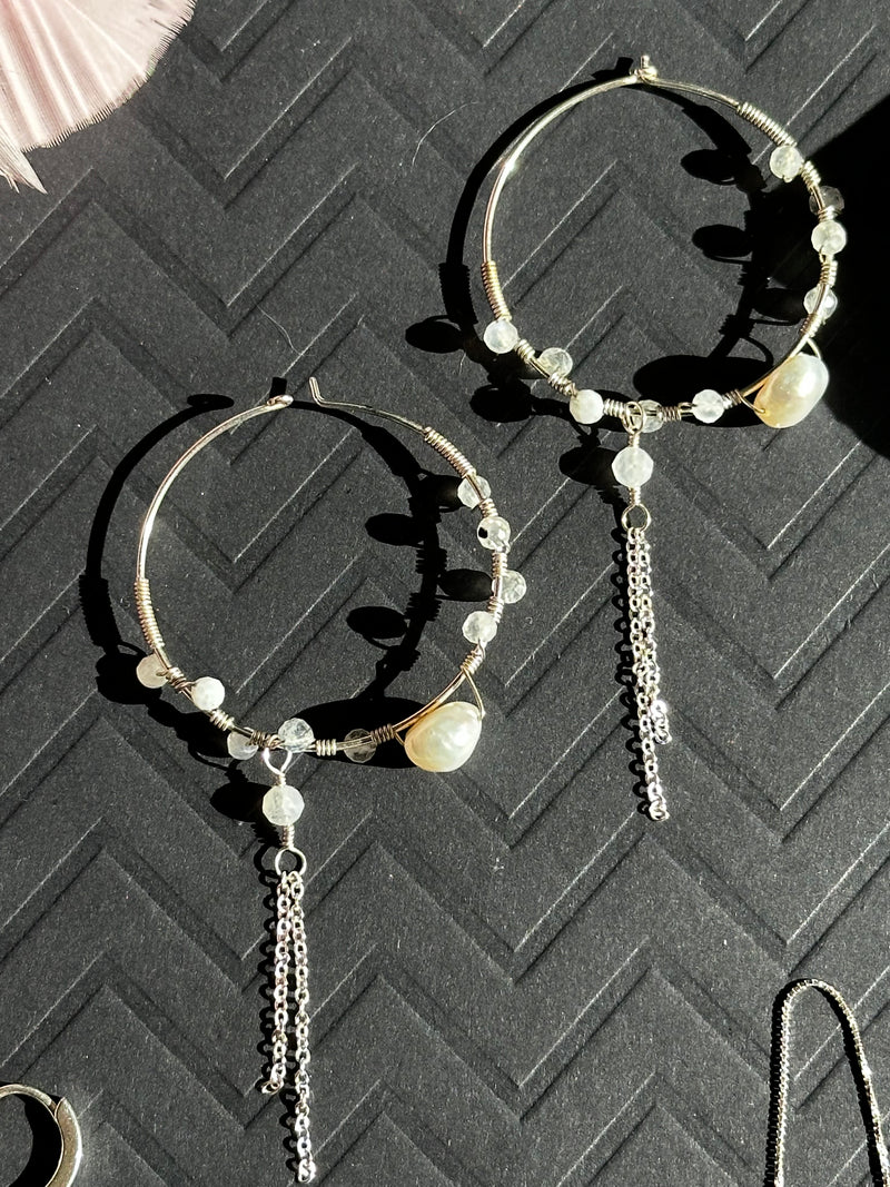 Moonstone & Pearls Wired Sterling Silver Dangle Hoops