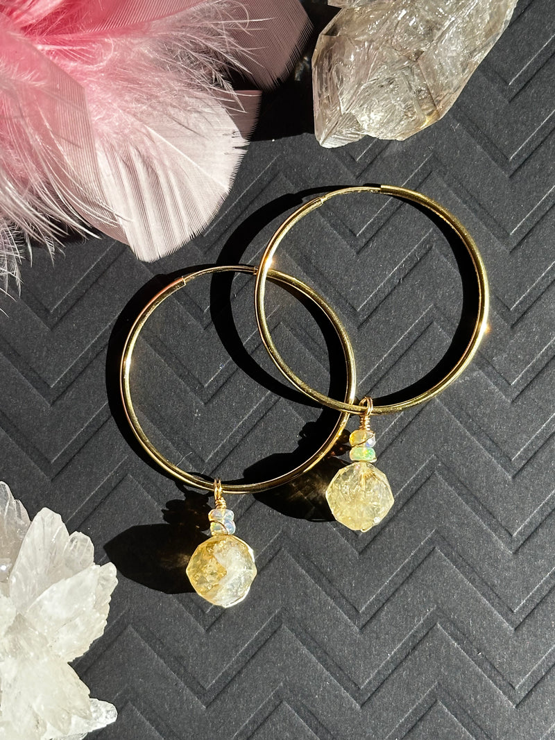 Flower Agate and Herkimer or Citrine and Opal Gold Filled Hoops