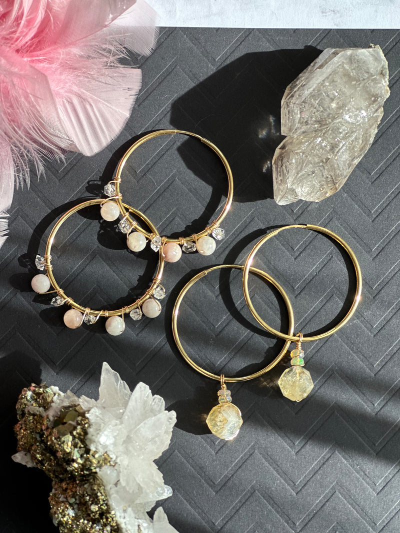 Flower Agate and Herkimer or Citrine and Opal Gold Filled Hoops