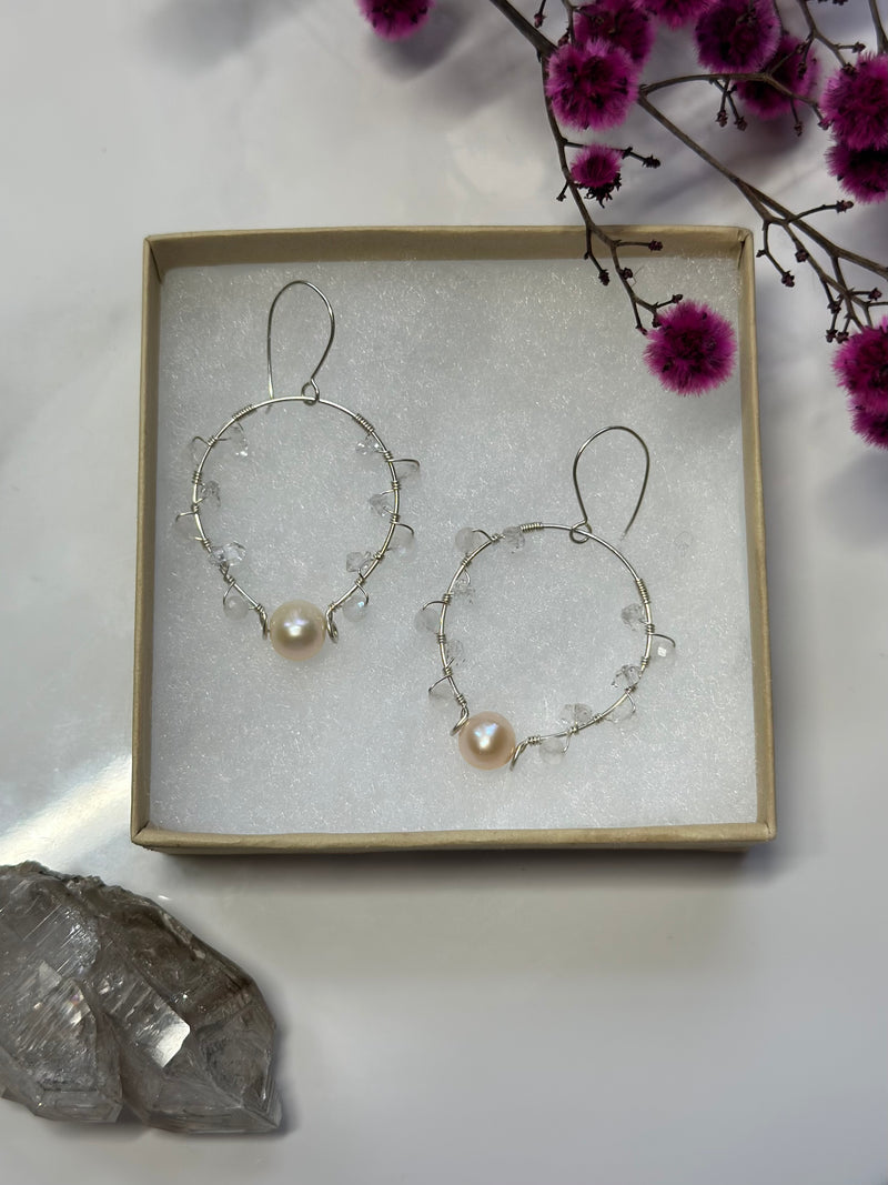 “The Intention Goddess” Moonstone, Herkimer Diamond & Pearl Sterling Silver Earrings