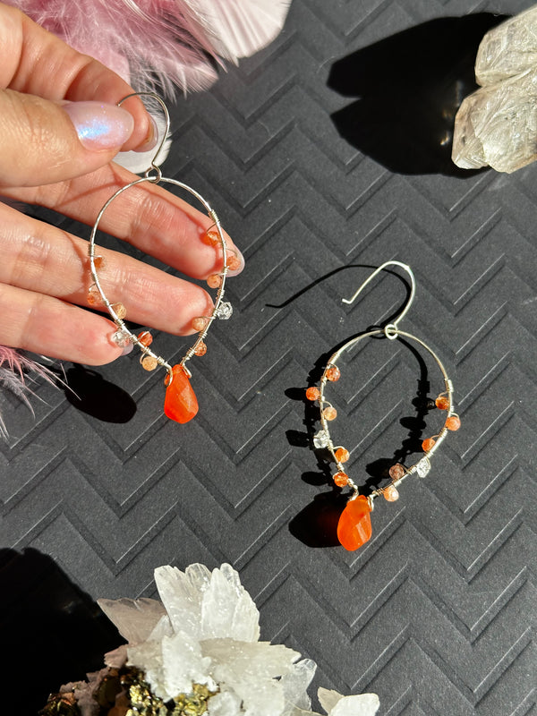 Carnelian, Sunstone & Herkimer Wired Sterling Silver Earrings