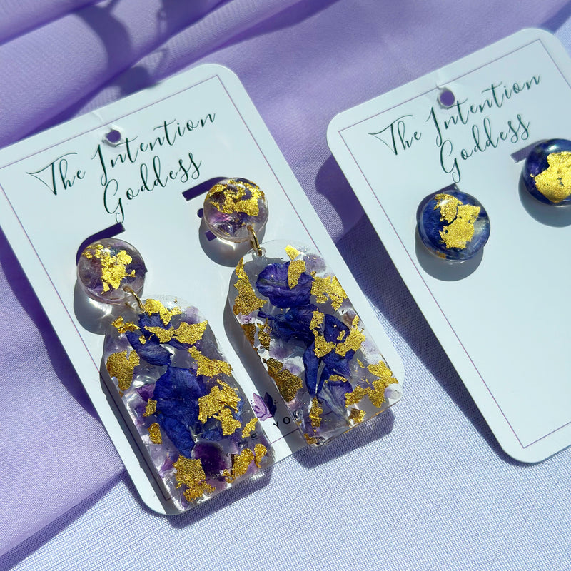 24k Gold Flakes, Purple Amethyst & Blue Flowers Big Studs