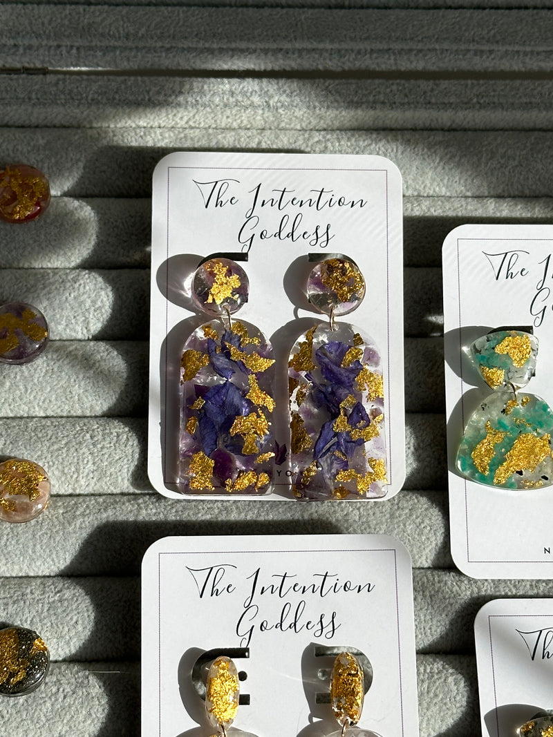 24k Gold Flakes, Purple Amethyst & Blue Flowers Big Studs