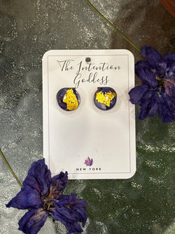 24k Gold Flakes & Blue Flowers Circle Studs