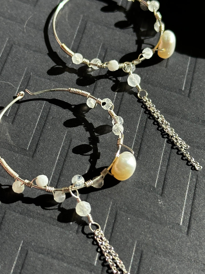 Moonstone & Pearls Wired Sterling Silver Dangle Hoops